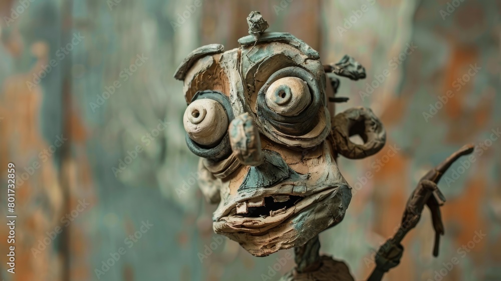An intricate clay puppet complete with movable limbs and detailed facial features ready to be animated with precision.. An intricate clay puppet complete with movable limbs and detailed facial features ready to be animated with precision..