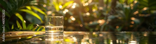 Detailed focus on a single Thai designed water glass, set against a backdrop of lush tropical plants, symbolizing freshness and purity 9,16   v 6 photo