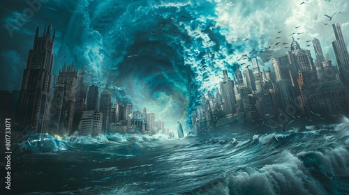 Apocalyptic Vision of a Metropolis Engulfed by a Giant Tsunami  Disaster Preparedness Theme