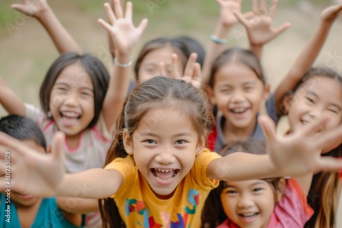 group of happy asian school children smiling and showing ok hand sign