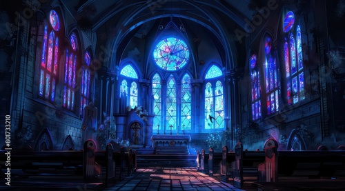 dark cathedral with stained glasses