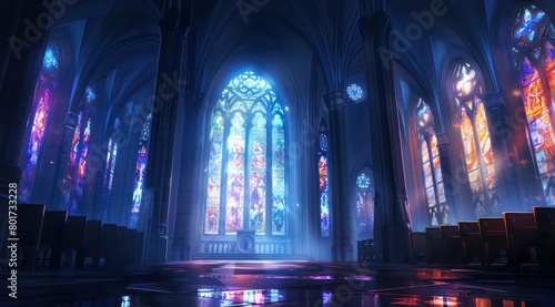 dark cathedral with stained glasses