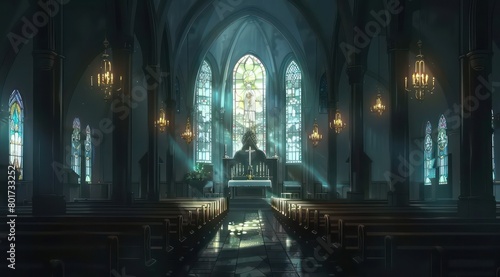 dark cathedral with stained glasses