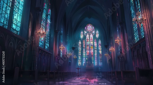 dark cathedral with stained glasses