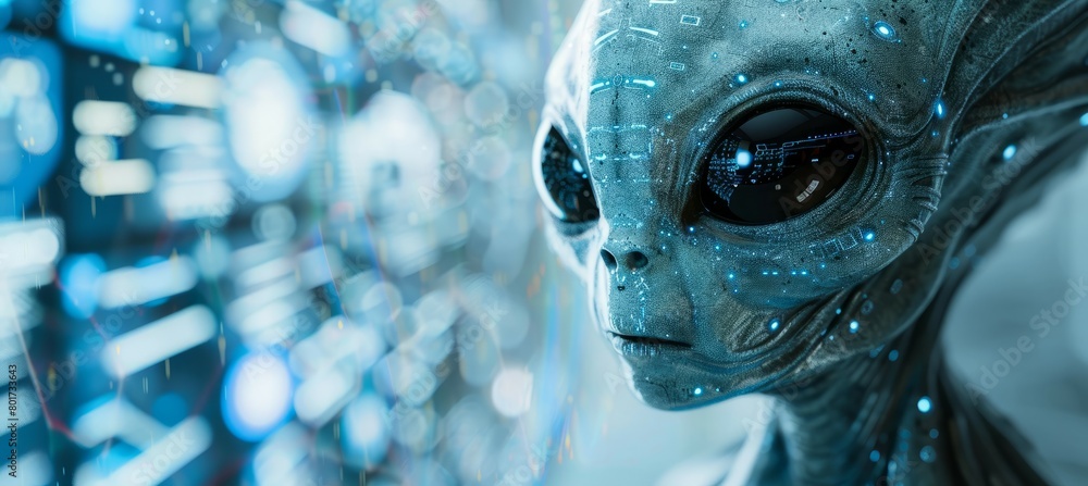 Alien with big dark eyes on digital copy space background. Generative AI technology. Alien with big dark eyes on digital copy space background. Generative AI technology.