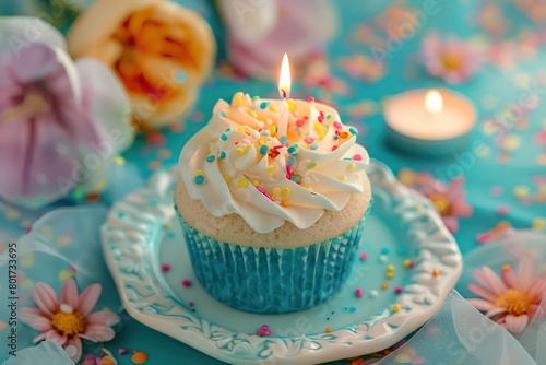 blue cupcake wrapper  adorned with a candle and sprinkles