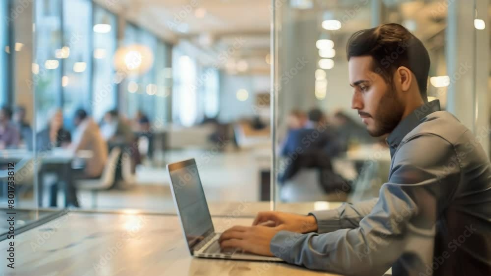 Businessman works on laptop at desk in modern office, colleagues blurred in background, glass walls and open layout create sense of transparency and collaboration.
Businessman works on laptop at desk in modern office, colleagues blurred in background, glass walls and open layout create sense of transparency and collaboration.