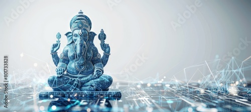 Digital Ganesha lord statue. Hinduism god religion concept. Generative AI technology.	
 photo