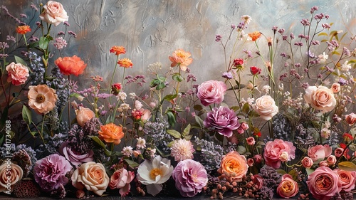 Elegant floral display against textured backdrop - Variety of fresh and delicate flowers artistically arranged in a stunning composition on textured surface photo