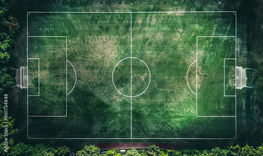 Aerial view of a soccer field with lush green grass - Top-down drone shot of a soccer field, emphasizing the geometric white lines and symmetry of the grassy pitch used for sports Aerial view of a soccer field with lush green grass - Top-down drone shot of a soccer field, emphasizing the geometric white lines and symmetry of the grassy pitch used for sports