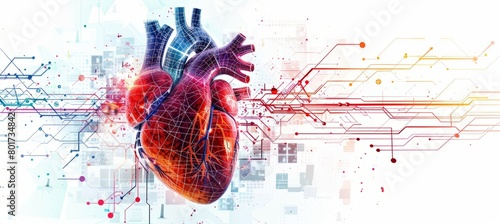 Heart organ with technology elements. Cardiovascular science biology. Generative AI technology.	
 photo