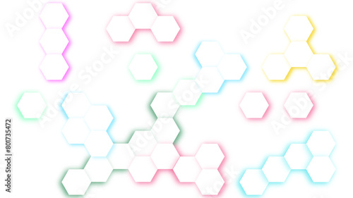 Abstract white and gray color shade embossed Hexagonal honeycomb pattern background with neon light effect. Abstract Technology Futuristic Digital Hi-Tech Concept. Luxury white pattern