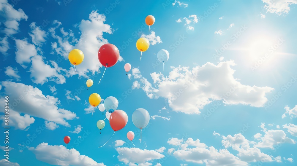 multiple colorful balloons flying on a blue sky with white clouds multiple colorful balloons flying on a blue sky with white clouds