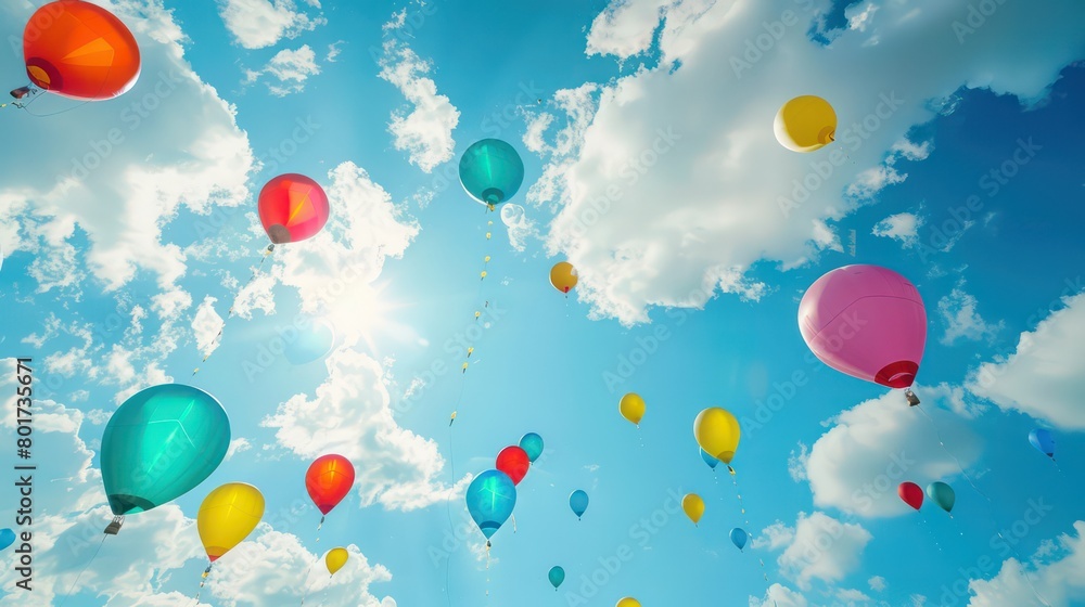 multiple colorful balloons flying on a blue sky with white clouds multiple colorful balloons flying on a blue sky with white clouds