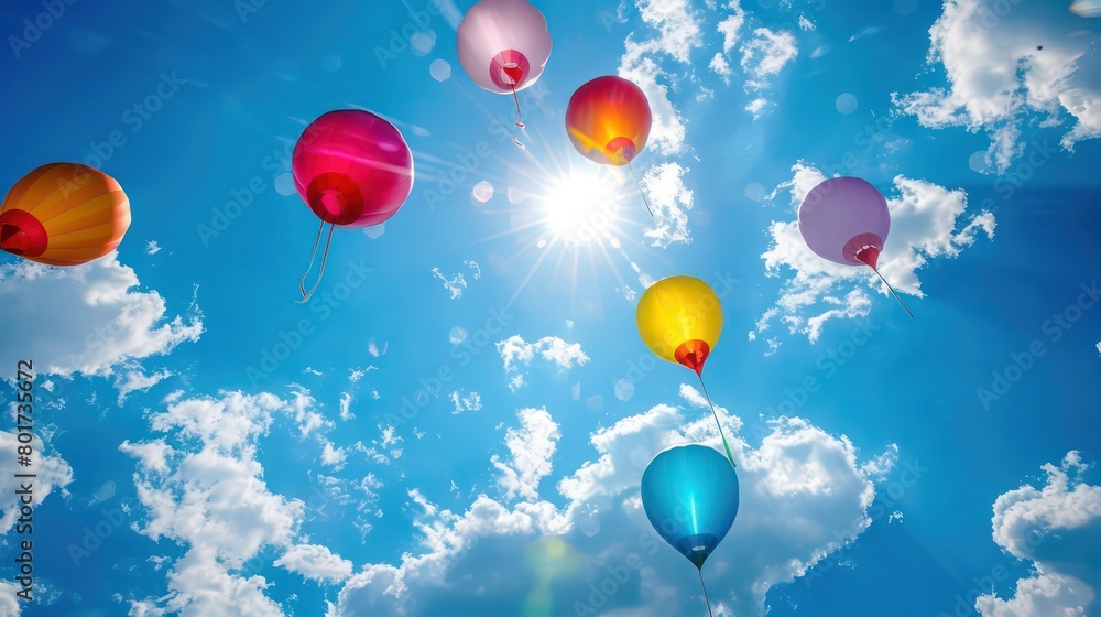 multiple colorful balloons flying on a blue sky with white clouds multiple colorful balloons flying on a blue sky with white clouds