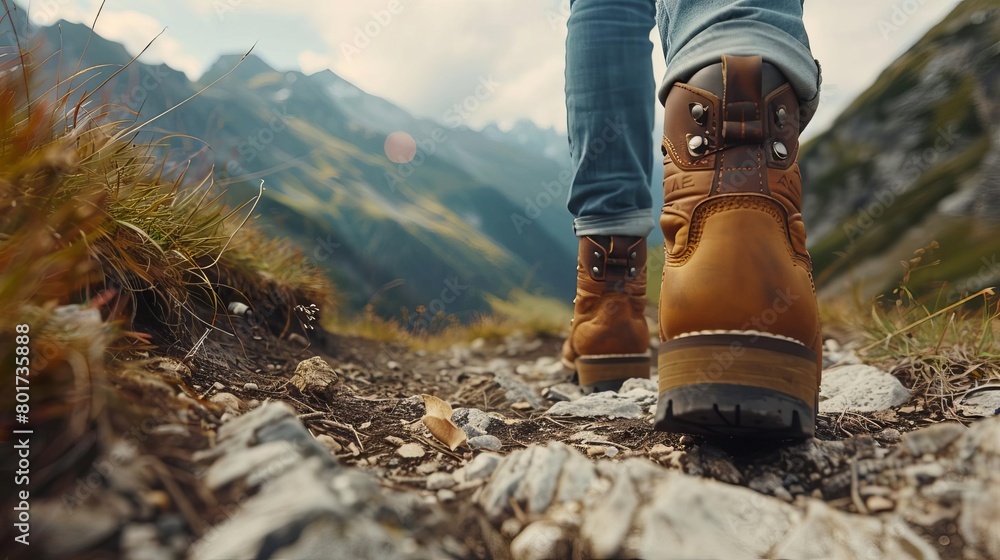 closeup of hikers leather boots in motion on mountain trail active outdoor adventure concept closeup of hikers leather boots in motion on mountain trail active outdoor adventure concept