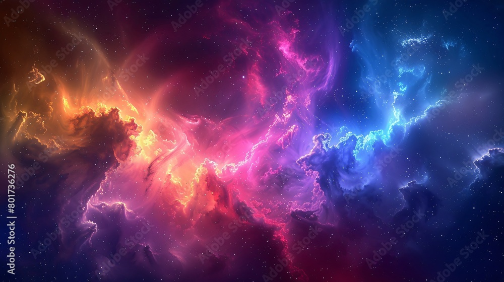 Celestial Burst, An explosion of colorful cosmic dust fills the sky, blending into a vibrant nebula of blues, purples, and reds, capturing the vastness and beauty of the universe.