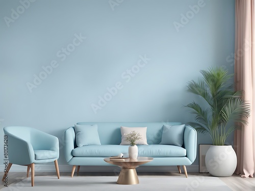  Pastel light color - interior accent. Sky blue of walls and furniture. Modern reception or lounge area of ​​the house. Living room interior mockup design. 3d rendering 