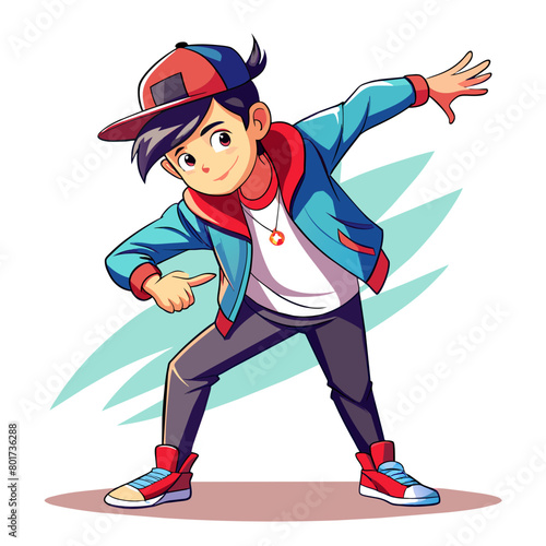 Show a trendy, cool boy striking a confident dabbing pose, wearing stylish streetwear with a baseball cap turned backward, exuding a fun and youthful vibe