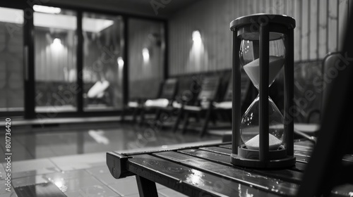 image 5 A black and white photo of a sauna with an oldfashioned hourglass timer on a nearby table.. photo