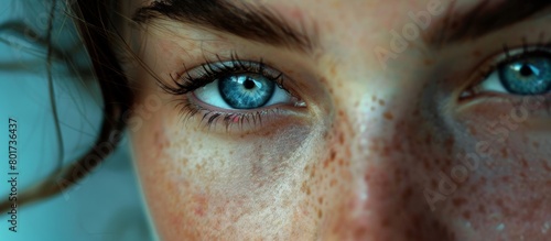 This image displays a detailed, up-close view of a woman's facial features, highlighting her unique and beautiful freckles