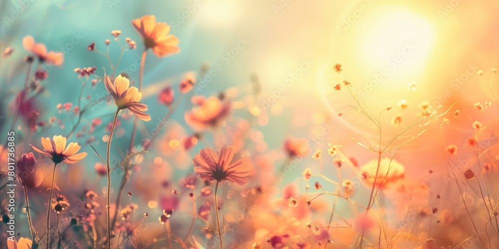 A serene field of wildflowers bathed in the golden light of a setting sun, evoking a sense of warmth and tranquility.