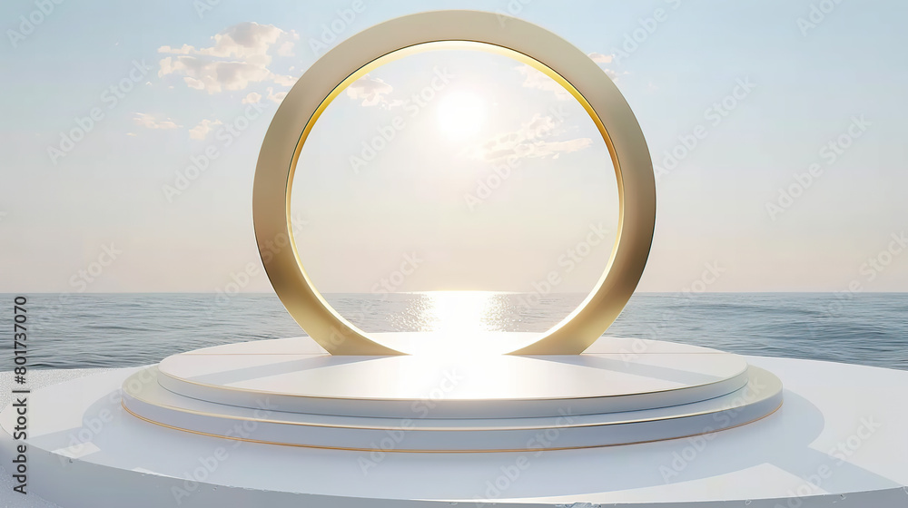 3D rendering of golden circular podium and white podium. Used for product display and cosmetic display 3D rendering of golden circular podium and white podium. Used for product display and cosmetic display