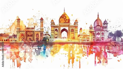 colorful watercolor illustration of famous maharashtra monuments for maharashtra day photo