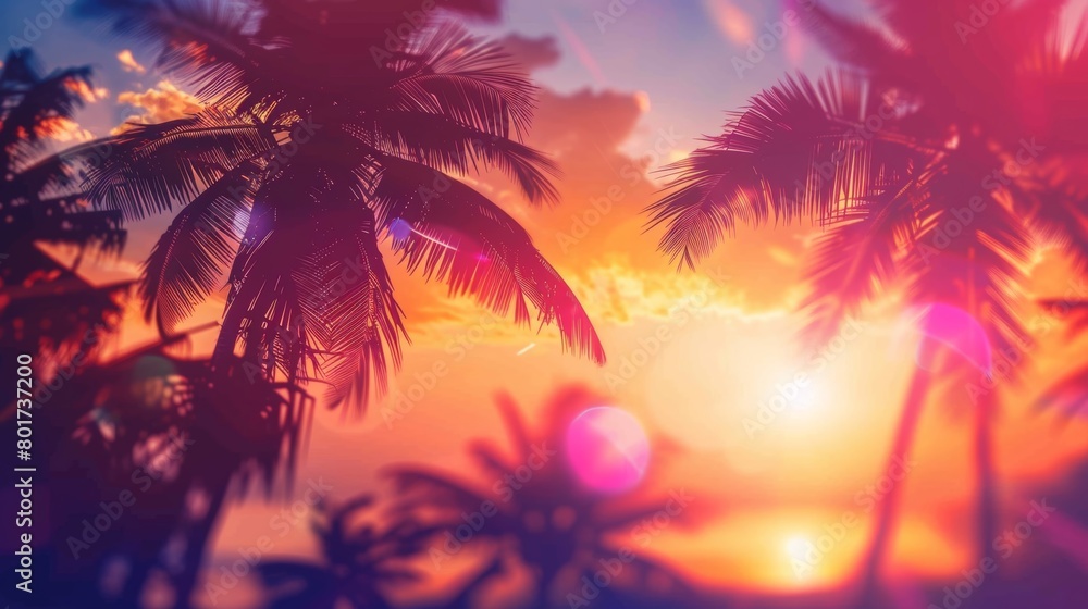 Dramatic sky with sun setting behind palm trees, evoking a peaceful tropical evening. Dramatic sky with sun setting behind palm trees, evoking a peaceful tropical evening.