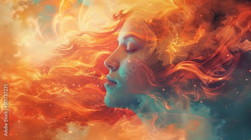 conceptual illustration of woman in ecstatic trance fiery desire and spiritual awakening psychedelic art photo
