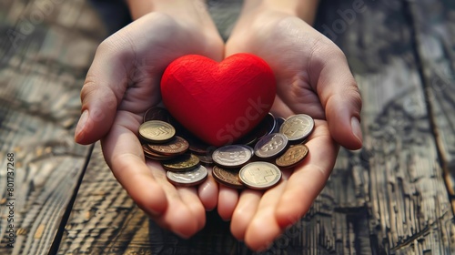 conceptual image of hands holding red heart and coins representing investment in love and relationships digital composite