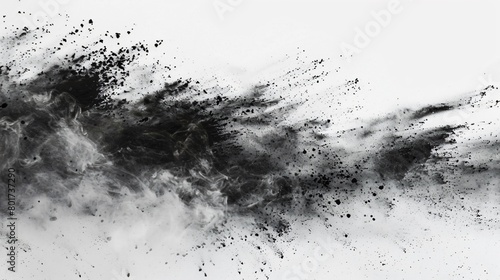Charcoal Textures, Black particles splash across a white backdrop, creating an abstract pattern of smoke, dust, and powder, capturing the raw beauty of texture and movement. photo