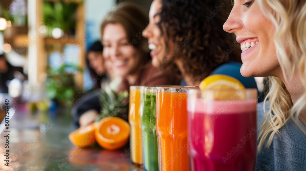 A group of coworkers taking a break from their busy day trying out the cafés signature coldpressed juices and smoothies. A group of coworkers taking a break from their busy day trying out the cafés signature coldpressed juices and smoothies.