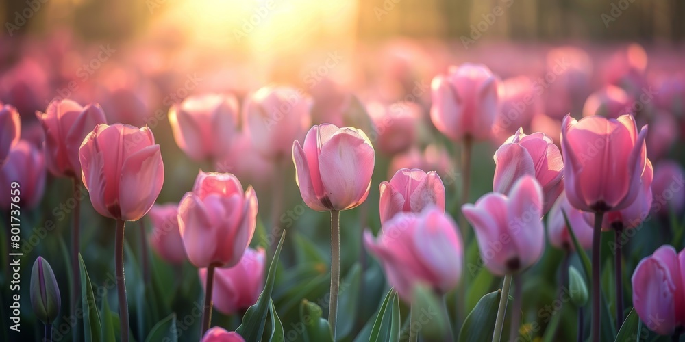 A serene field of pink tulips bathed in the warm glow of a sunset, creating a picturesque spring scene.