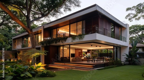 contemporary minimalist house facade with lush front yard