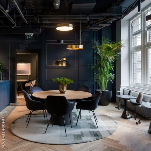  office co-working space with dark blue accents