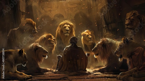 daniel in the lions den hungry lions surrounding faithful prophet digital bible illustration photo