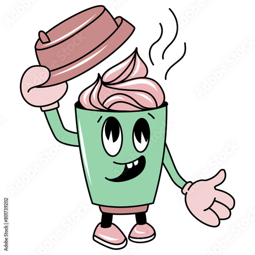 Vector groovy Cartoon coffee cup character winking and lifting its lid, revealing swirl of cream