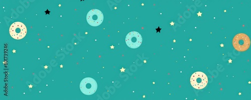 Teal background simple minimalistic seamless pattern, multicolored playful hand drawn cute lines and stars on sugar sprinkles on a donut, confetti