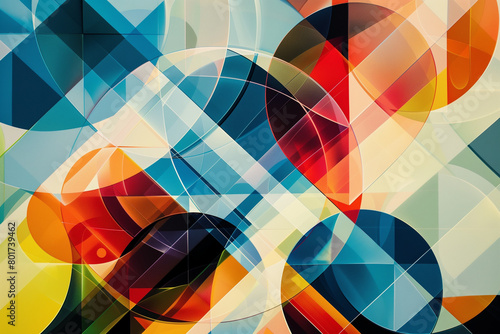 Dynamic geometric composition using circles, triangles, and squares to craft a sense of motion and depth; explore subtle color shifts and sharp, clean lines to enhance the illusion of movement in a vi