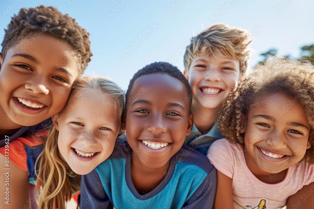 Portrait of a group of smiling children standing together on a sunny day Portrait of a group of smiling children standing together on a sunny day