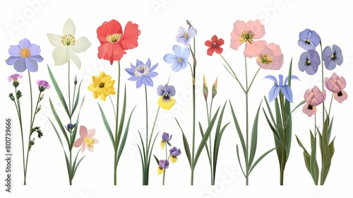 Botanical set of garden floral plants Gorgeous clematis, craspedia, daffodil, irises, peony, poppy, tulip and pansy flowers isolated on white background Colorful flat vector illustration