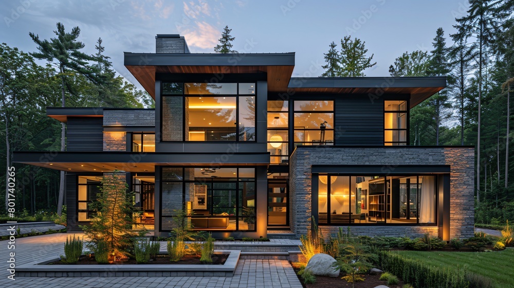Contemporary Villa at Twilight, Luxuriously Lit with Soft Exterior Lighting Contemporary Villa at Twilight, Luxuriously Lit with Soft Exterior Lighting