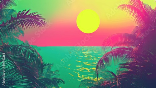 Tropical beach with vivid sunset and palm trees - A bright illustration of a tropical beach setting with palm trees and a vivid sunset over calm ocean waters