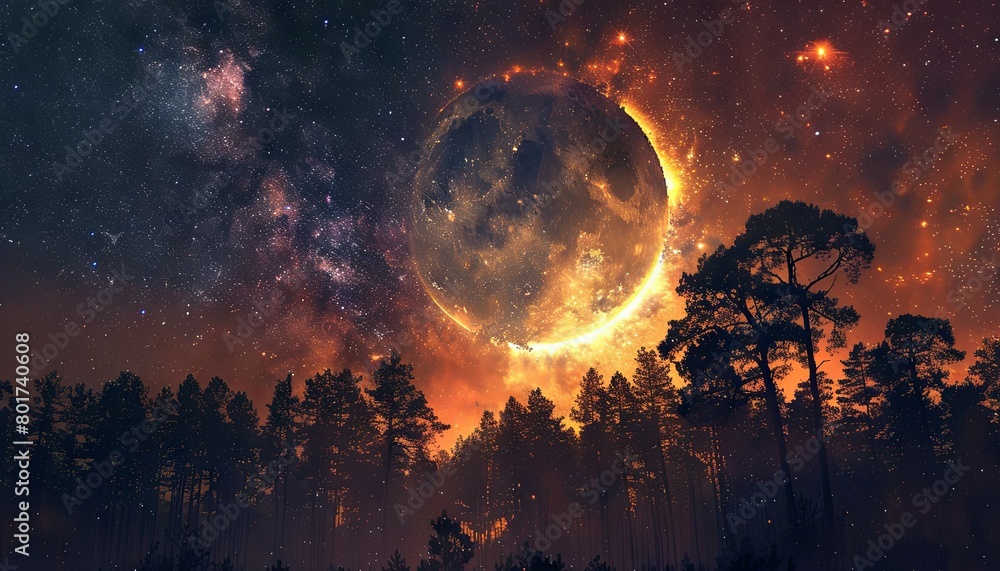 Gigantic planet looms over a mystical forest - A fantastical scene unfolds as a massive celestial body hangs over an otherworldly forest, conjuring feelings of awe and wonder Gigantic planet looms over a mystical forest - A fantastical scene unfolds as a massive celestial body hangs over an otherworldly forest, conjuring feelings of awe and wonder
