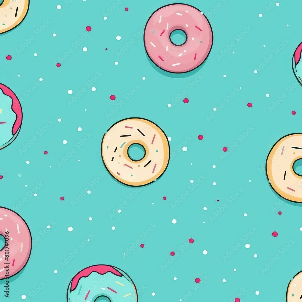 Turquoise background simple minimalistic seamless pattern, multicolored playful hand drawn cute lines and stars on sugar sprinkles on a donut, confetti