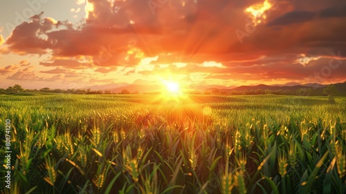 Breathtaking sunset over green wheat field - A vibrant sun sets behind a verdant field of wheat  casting a warm glow and creating a surreal landscape