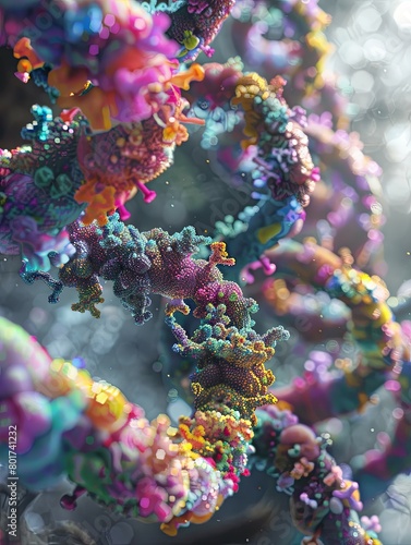 Colorful representation of DNA molecule structure - A vibrant, detailed visualization of a double helix DNA molecule that showcases the complexity of genetics