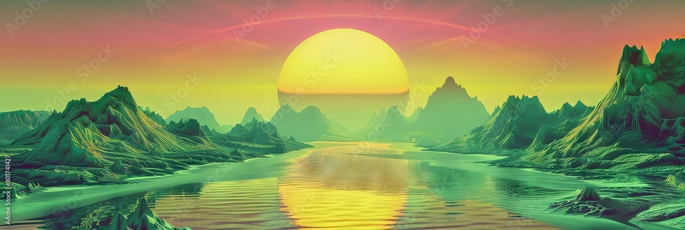 Surreal sunrise over alien landscape - An artistic digital portrayal of a surreal sunrise over a vibrant, alien-like landscape with vivid hues and striking topography