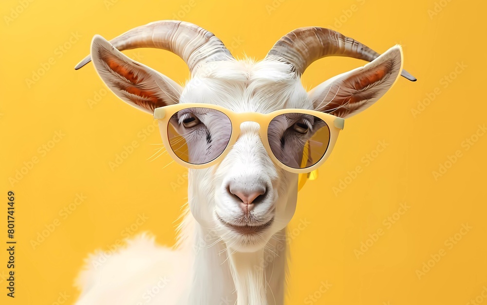 Naklejka premium Creative animal concept. Goat with sunglasses isolated on pastel yellow background. 